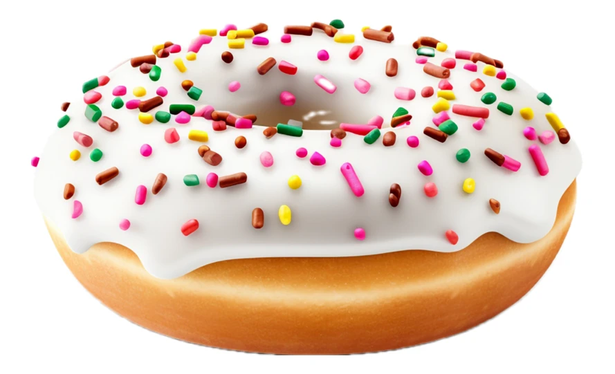 Glazed donut with white icing and colorful sprinkles