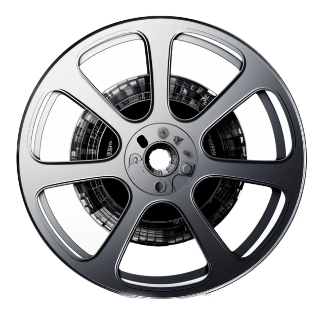 Classic metal movie film reel isolated on white background