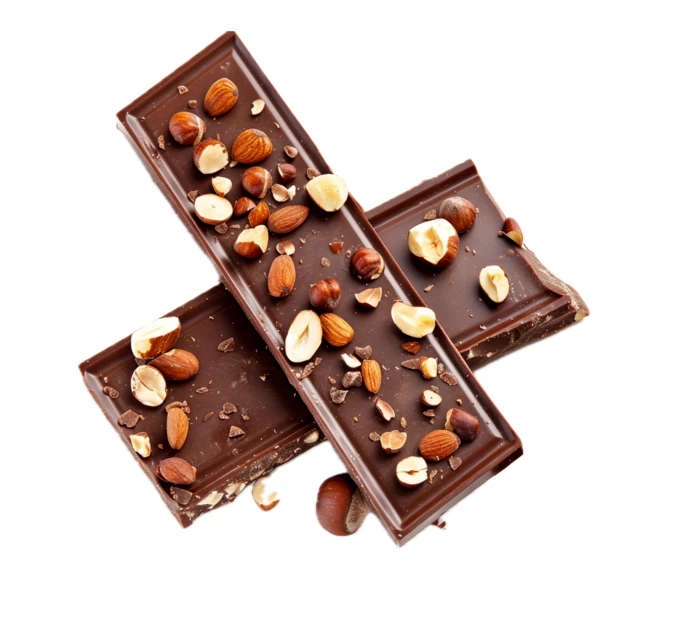 Dark chocolate bars with whole almonds and hazelnuts isolated