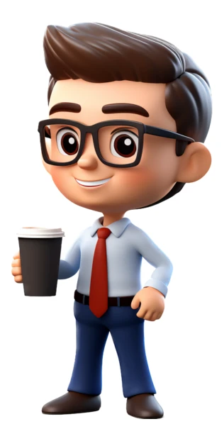 3D cartoon businessman with glasses holding a coffee cup