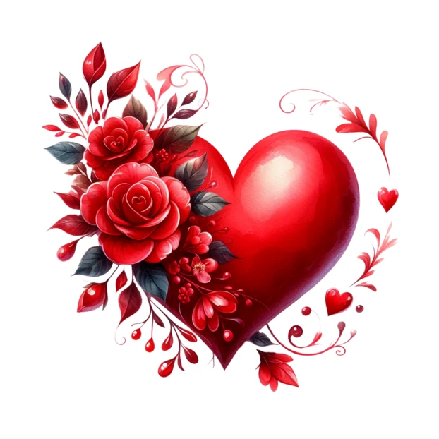 Red heart decorated with red roses and floral elements