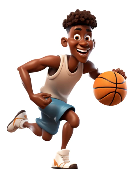 3D animated young man dribbling a basketball on white background