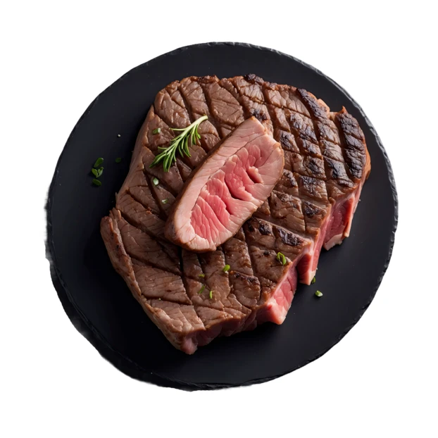 Grilled beef steak on black plate isolated on white