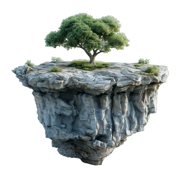 Single tree growing on a floating rock island