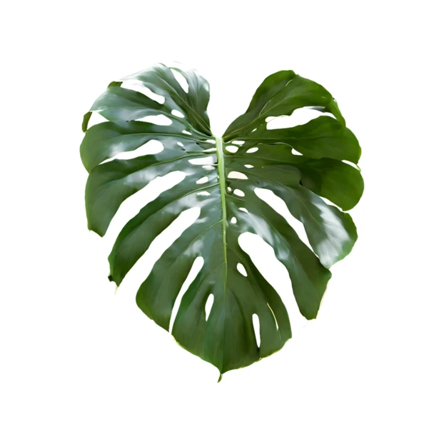 Single Monstera deliciosa leaf isolated on white background