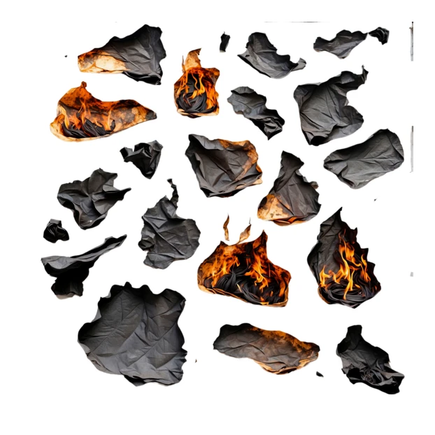 Burned and flaming black paper scraps on white background