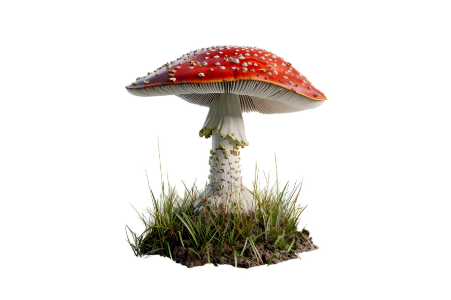 Red amanita muscaria mushroom in grass isolated on white
