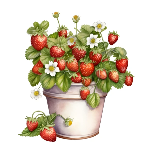 Watercolor botanical illustration of a strawberry plant in a pot