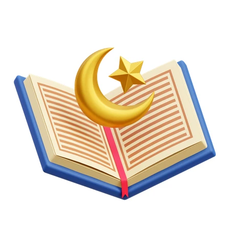 3D render of open Quran with golden crescent and star