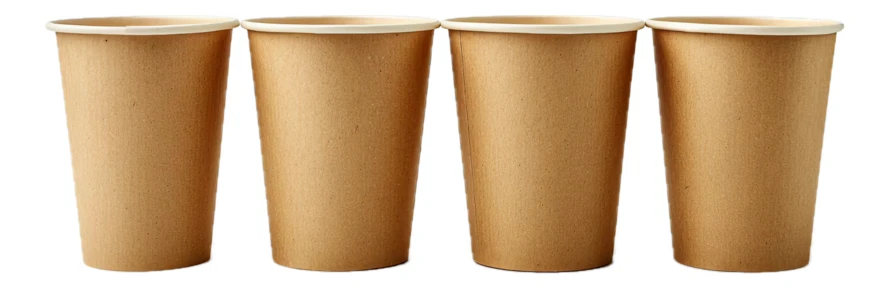 Four brown paper coffee cups on white background
