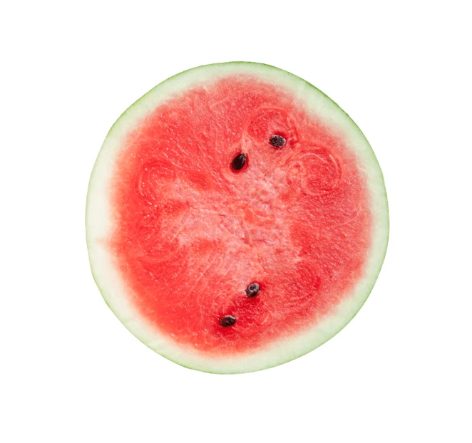 Single round slice of red watermelon isolated on white