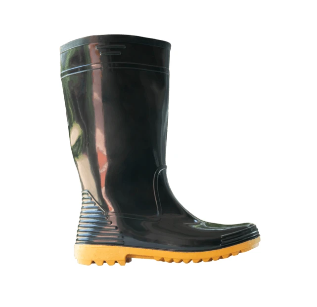Single black rubber rain boot with yellow sole