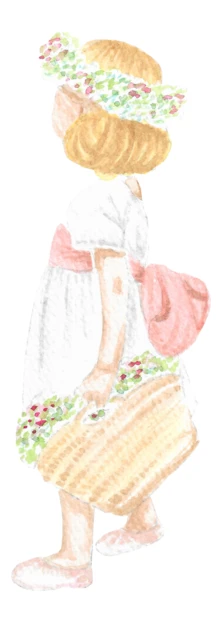 Watercolor illustration of a girl with a flower basket