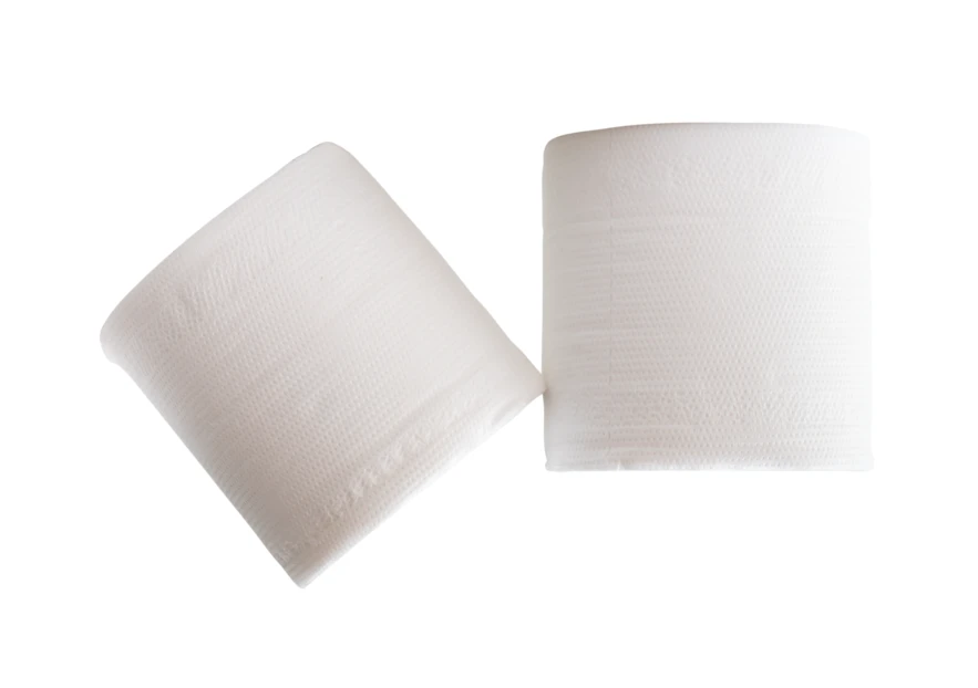 Two rolls of white toilet paper on white background