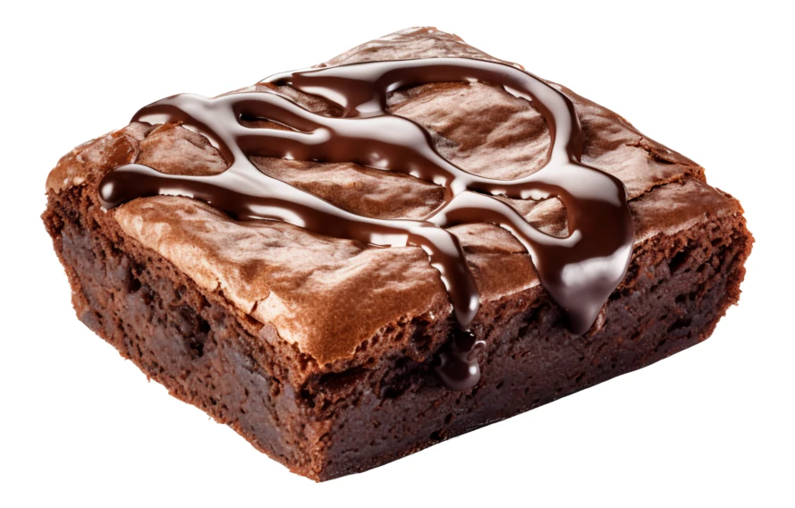 Chocolate brownie with chocolate drizzle isolated on white background
