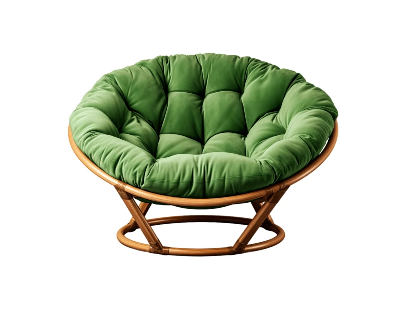 Round rattan papasan chair with green cushion isolated on white