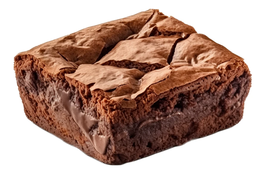 Gooey chocolate brownie square isolated on white background