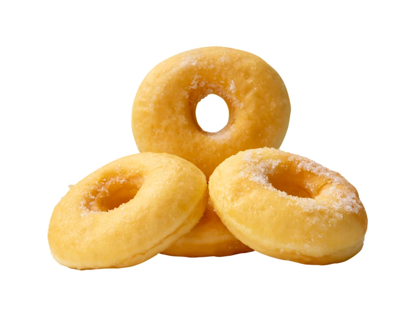 Stack of plain sugar-coated donuts isolated on white background