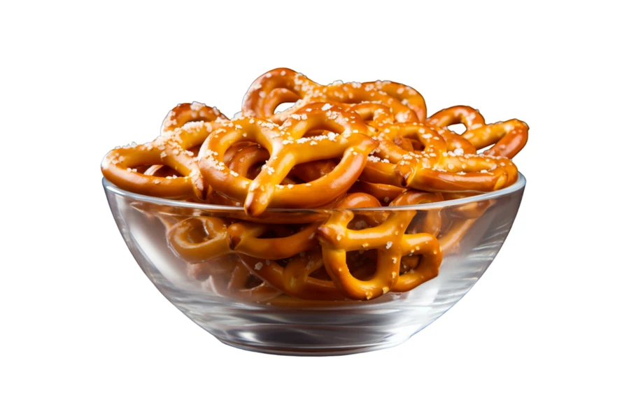 Mini salted pretzels in a glass bowl isolated on white