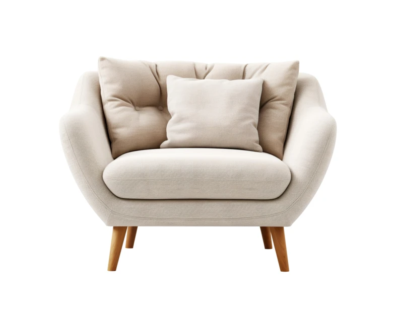 Modern beige armchair with pillows isolated on white background