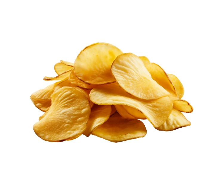 Heap of crispy golden potato chips isolated on white background