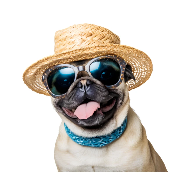 Funny pug dog wearing straw hat and sunglasses