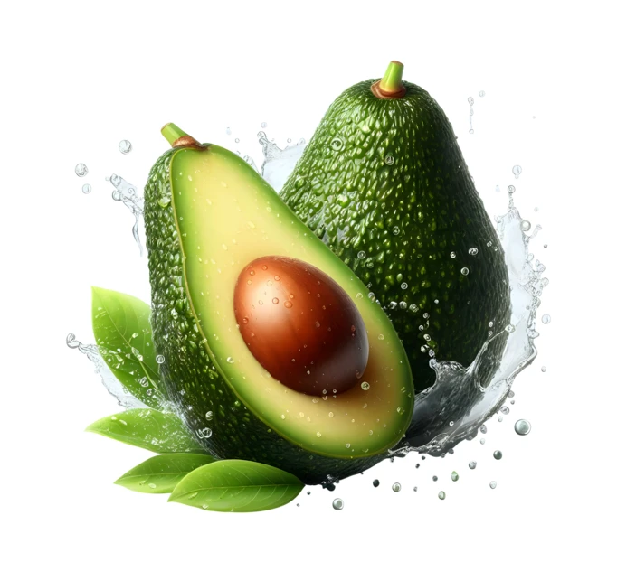 Fresh avocado and half with water splash on white