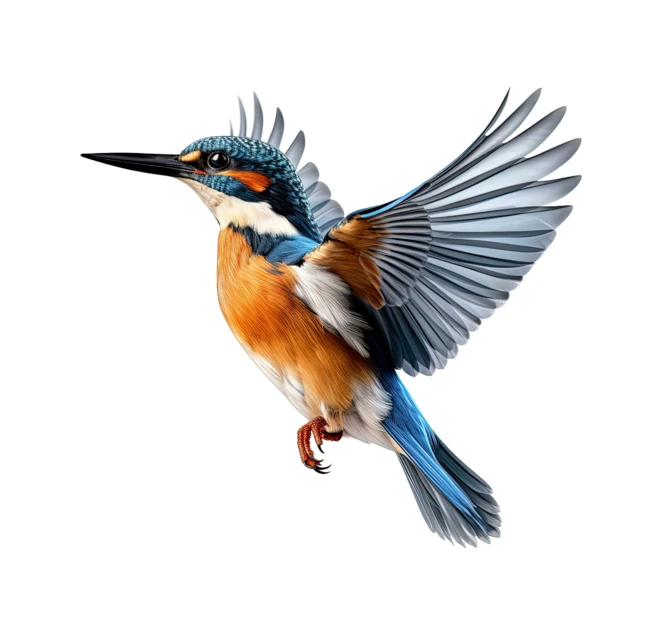 Common kingfisher bird in flight isolated on white background
