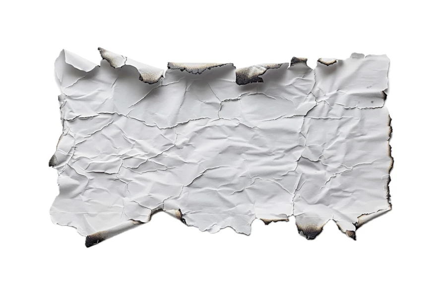 Crumpled white paper with burnt edges isolated on white