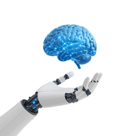 Robotic hand holding a glowing blue human brain