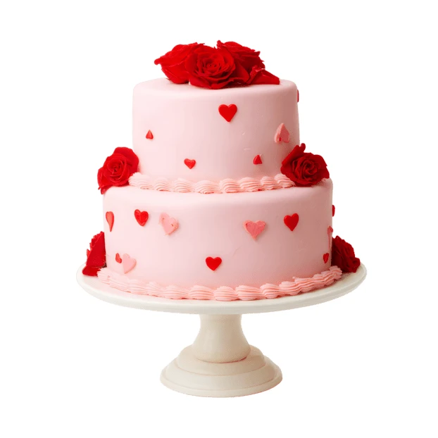 Two-tier pink Valentine cake with red hearts and roses