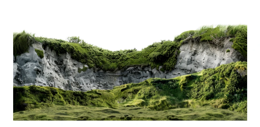 Isolated grassy cliff ridge with rocky textures