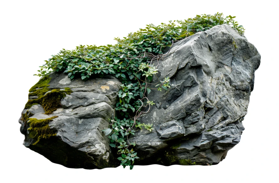 Large grey boulder covered with green plants on white background