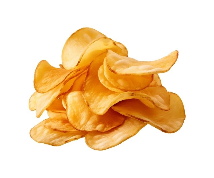 Pile of crispy golden potato chips isolated on white
