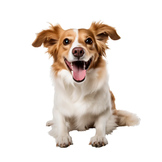 Happy brown and white mixed breed dog sitting