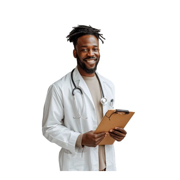 Smiling African American male doctor holding a clipboard