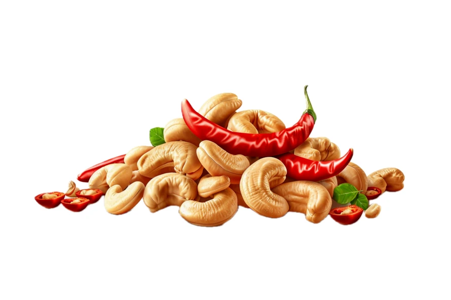 Spicy roasted cashew nuts with red chili peppers