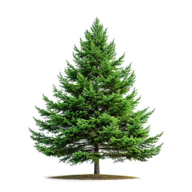 Lush green evergreen spruce tree isolated on white background