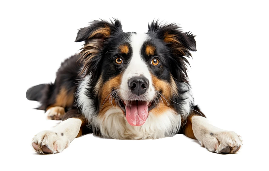 Portrait of a happy Border Collie lying on white background