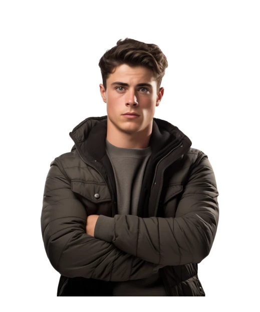 Portrait of young man in puffer jacket arms crossed