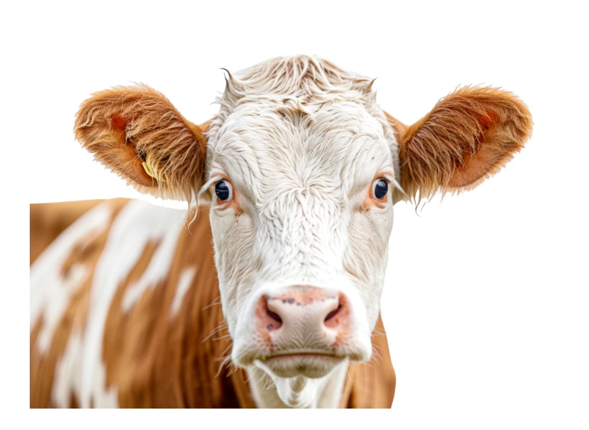 Brown and white cow headshot isolated on white background