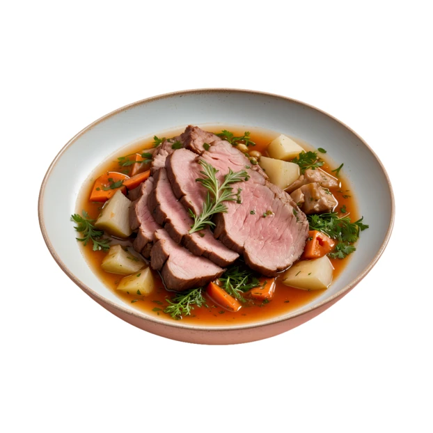 Sliced beef roast with potatoes and carrots in broth