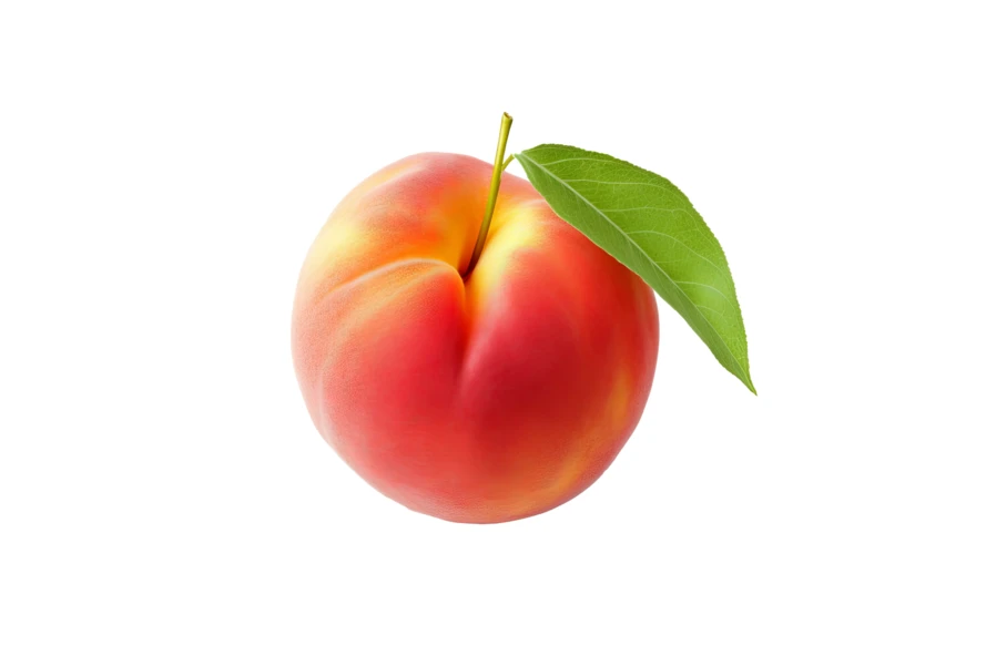 Single ripe peach with green leaf on white background