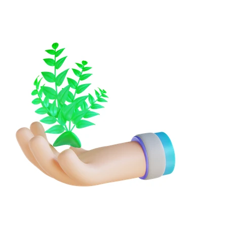 3D render of hand holding a small green plant