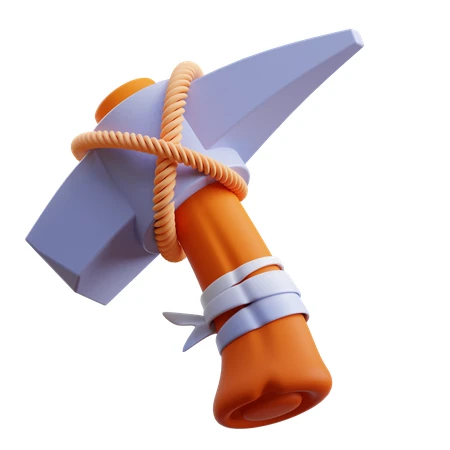 Stylized 3D pickaxe icon with rope handle isolated