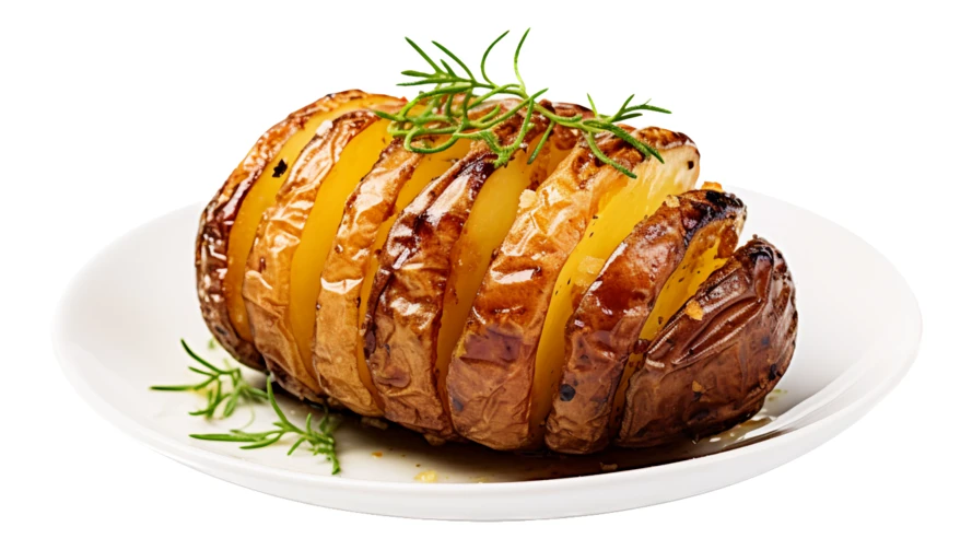 Roasted Hasselback potato with rosemary on white plate isolated