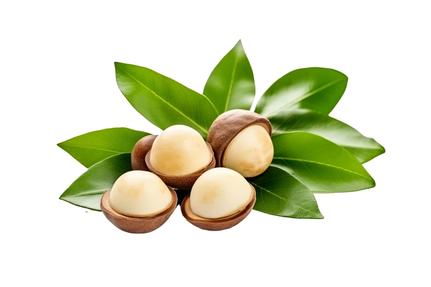 Fresh shelled macadamia nuts with green leaves on white background