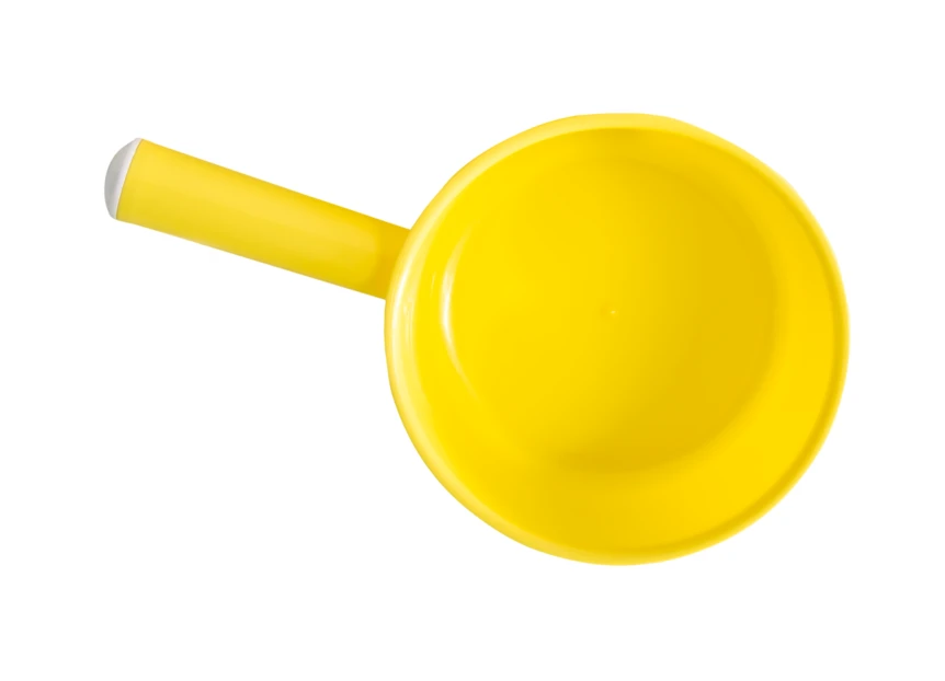 Yellow plastic water dipper scoop isolated on white background