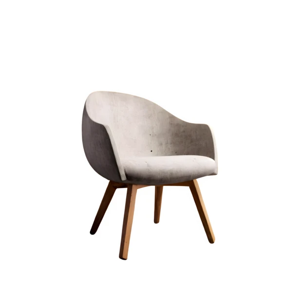 Modern grey fabric armchair with wooden legs isolated on white