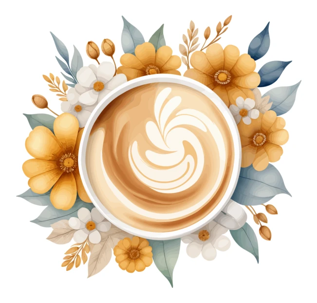 Latte coffee cup with floral watercolor arrangement top view
